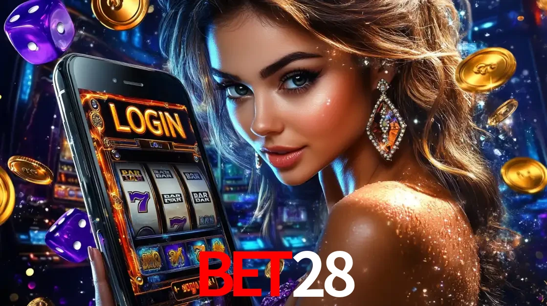 Mulher glamorosa segurando um smartphone com a tela de login para os jogos de caça-níqueis do cassino online BET28, com moedas de ouro e dados ao redor.